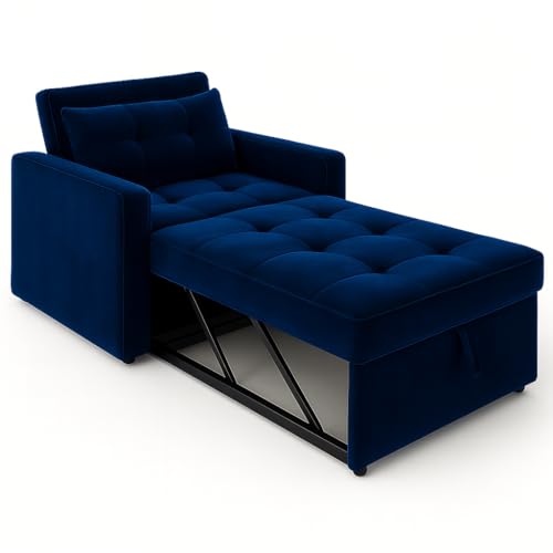 Image of FURNY Tressa 1 Seater Pull-Out Premium Fabric Sofa Cum Bed Sofa Set for Living Room (Blue Fabric)