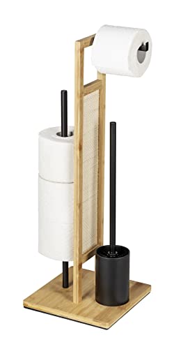 WENKO Soporte Rivalta Allegre Independiente para Portarrollos y Escobillero, Bambú, Ratán y Acero Lacado Mate Negro, 25 x 73 x 25 cm, Natural