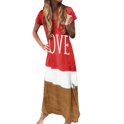 Stitching Long Dresses for Women, Loose Contrast Color Short Sleeve