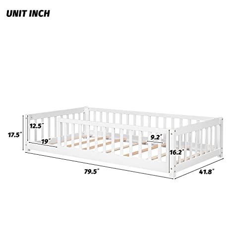 Twin Size Floor Bed Frame For Kids Wood Montessori Floor Beds, Twin Platform Bed With Slats And Fence Without Door, Twin Playhouse Bed For Boys Girls, No Box Spring Needed, White #TOP1