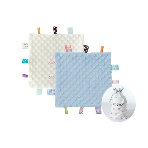 CREVENT Tag - Mantas de seguridad para bebés, suaves y pequeños Loveys para niños, manta sensorial para bebé, gran regalo para cumpleaños, baby shower (24 x 24 cm, etiqueta azul + marfil)