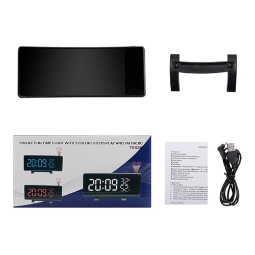 HOOLRZI Reloj despertador digital con pantalla LED para dormitorio, con proyección de techo y 2 puertos de carga USB, pantalla curvada, medidor de temperatura