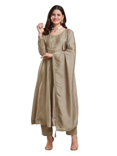 Image of MOKOSH Women's Silk Embroidery Anakrali Kurta Pant with Dupatta | Anarkali Kurta Set | Round Neck Full Sleeve Ethnic Suit | Floral Kurta 7 Colour Option Available | 3 Piece Outfit