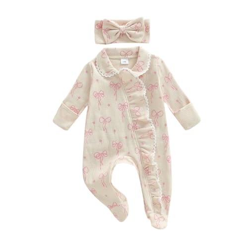 Image of allshope Newborn Baby Girl Fall Outfit Romper Footies Waffle Bow Zip Up Footed Jumpsuit Ruffle Trim Infant Clothes