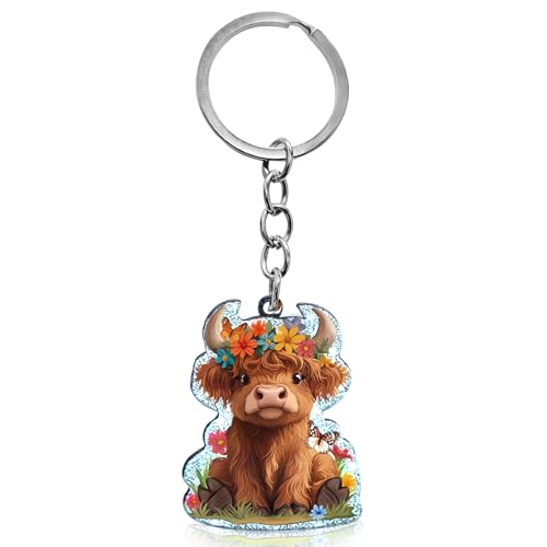 Aureliayue Funny Highland Cow Keychain for Men & Women Durable Key Holder for Car Bag Purse Cool Accessories for Keys