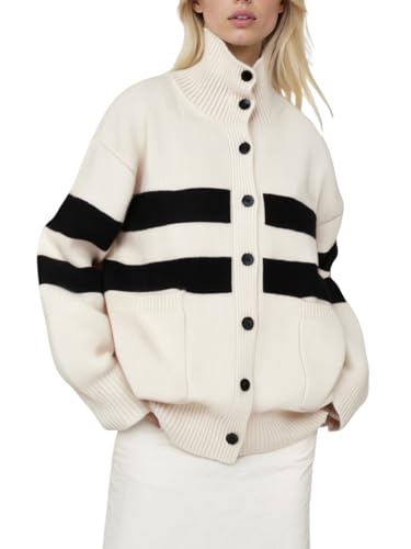 utcoco Women's Turtleneck Button Down Cardigans Color Block Chunky Knit Sweater Coat with Pockets