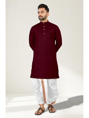 Image of UNIQUE MOMENTS Men's Cotton Dhoti Kurta Set with Full Sleeves Solid Pattern Modern Style and Mandarin Collar Neck | Perfect for Puja & Celebrations