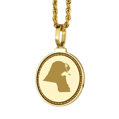 WORLD WIDE GEMS Pendentif rond en argent sterling 925 gravé d'une carte du Koweït (25 mm), plaqué or, bijou de voyage unisexe | WW_EGMP_0020