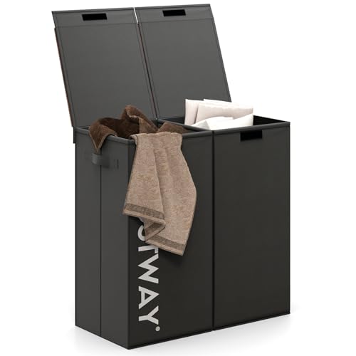 COSTWAY Cesto de Ropa con Tapa, 105 L Cubo de Ropa Sucia con 2 Bolsas Forro Removibles, Doble Organizador de Ropa de 2 Secciones con Asas para Lavandería Baño Dormitorio(Negro, con Bolsa)