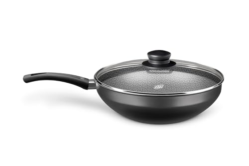 MTA - Panela Wok em Alumínio Antiaderente com Tampa de Vidro, Capacidade de 4,3L, nº 28, Cor Grafite, Linha Flora.