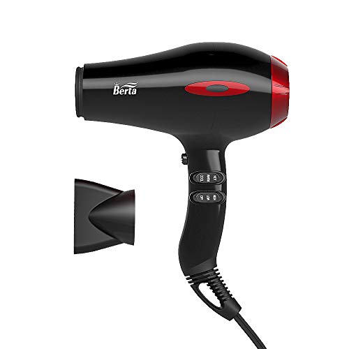 BERTA 1875W Ceramic Tourmaline Hair Dryer Negative Ionic Blow Dryer 2 Speed & 3 Heat Settings AC Motor with Nozzle Accessories(Black)