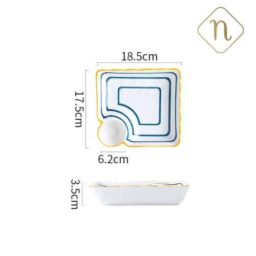 Image of Nestasia Set of 2 Ceramic Chip and Dip Snack Plate with Dip Section | Microwave & Dishwasher Safe Starter Plates | Perfect for Fries, Momos, Sushi, Kebab (White & Blue)