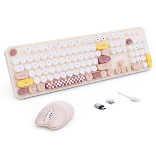 Wireless Keyboard and Mouse, 104 Round Keycaps Retro Typewriter Coffee