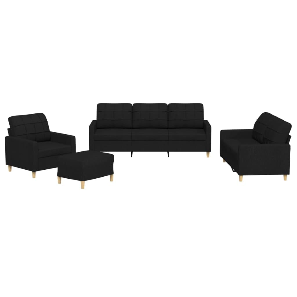 Juego de 4 muebles de sofá negro con respaldo y taburete de tela resistente, 198 cm de ancho, diseño moderno, robusto y cómodo para salas de estar pequeñas habitaciones y oficinas