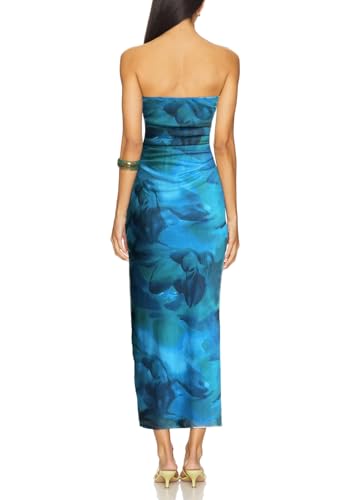 Image of ALENDA DANMOS Womens Strapless Printed Midi Dress with Slit Floral Mesh Tube Top Dresses Ruched Bodycon Party Club Dress 333