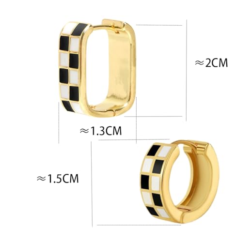 2 Pairs 18K Gold Plated Stainless Steel Filled Enamel, Checkered Earrings,Racing Earrings,Dainty Checkered Hoop Earrings，Black And White Checkered，Chunky Oval Hoops2