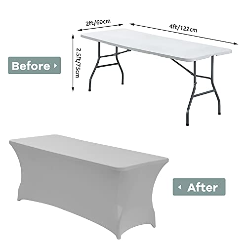 Image of CWK 4FT Waterproof Stretch Spandex Table Cover for Rectangular Tables - Elastic Fitted Tablecloth for Folding Tables,Wrinkle Resistant Table Cloth for Parties, Weddings, Banquets & Events (Silver)