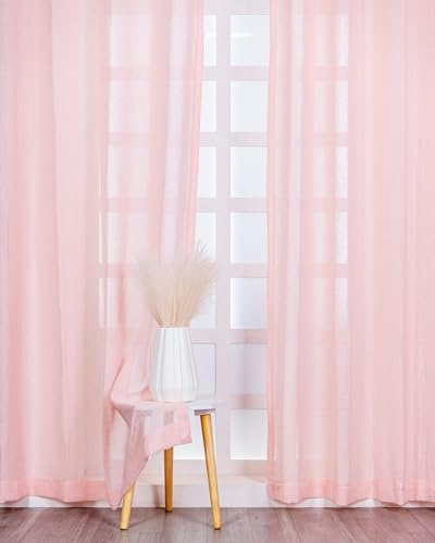 Image of (5 ft) Cotton Linen Fabric Window Curtain | Leaf Design Eyelet Window Curtain For Home | Fabric Foiling Window Curtain (Pink) | Vintage Print | For Home | ( Pack of 1) | 152 L x 121 W centimeters