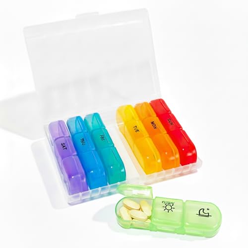 ピルケース 1週間分 1日3回 朝昼晩 携帯用 薬ケース サプリケース 大容量 コンパクト 飲み忘れ防止 旅行用 (レインボー)