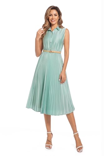 Image of Elegant Satin Midi Dress for Women Slim Long Belted Formal Business Work Casual Dresses