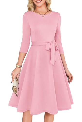 RUMIA Cocktail Dresses for Women 3/4 Sleeve Vintage Wedding Guest Dresses Tea Party Formal Dress Pink M
