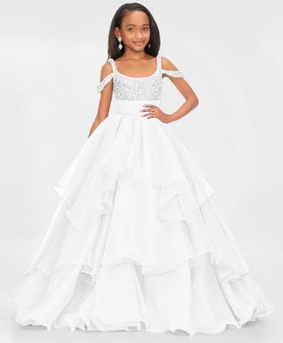 Off Shoulder Girls Pageant Dress Long Pearl Ruffles Princess Prom Party Ball Gowns with Train2