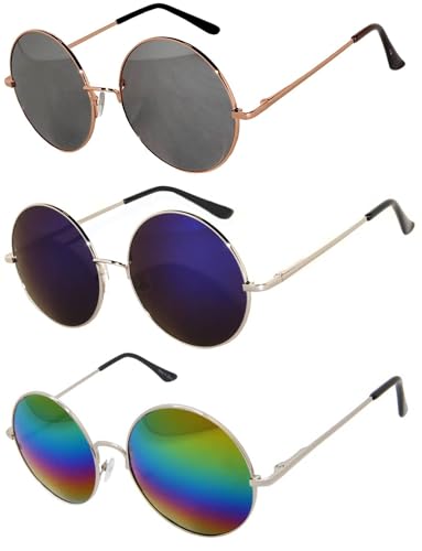 OWL 3 Pack Oversized Round Sunglasses Hippie Style Metal Frame Assorted Colors Circle Glasses