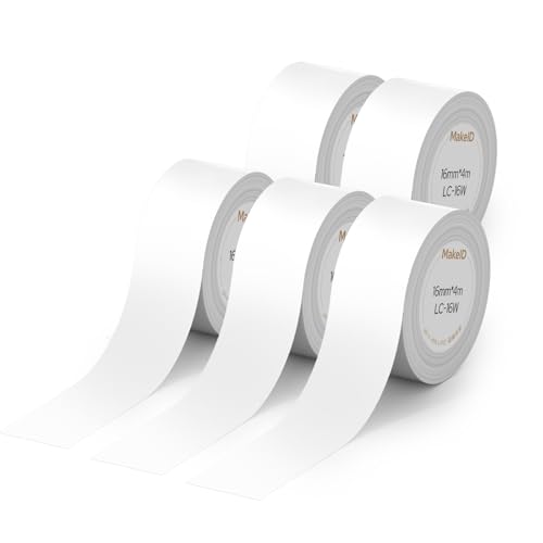 MakeID L1-C - Recambios de etiquetas térmicas, 5 rollos de 16 mm x 4 m, laminados continuos, impermeables, compatibles con etiquetadoras térmicas L1-C