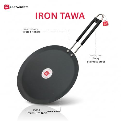 Image of LAZYwindow Induction Iron Tawa with Foldable Plastic Whisker Combo | Solid cast build offers durable performance for everyday flatbread cooking