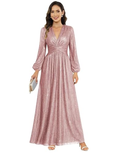 Image of Women's Formal Wedding Guest V Neck Glitter Sequins Mother of The Bride Dresses Long Sleeve