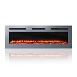 50” Electric Fireplace Recessed and Wall Mounted 750/1500W Stainless Steel Ultra-Thin Wall Hanging Fireplace with Remote/Adjustable Flame/Brightness/Speed, Timer, Low Noise, Touch Screen