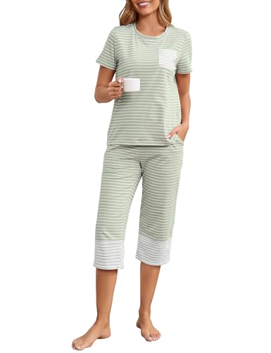 Womens Cotton Pajama Set Stripe 2 Piece Lounge Set Short Sleeve Capri Pj Set Comfy Loungewear Sleepwear with Pockets