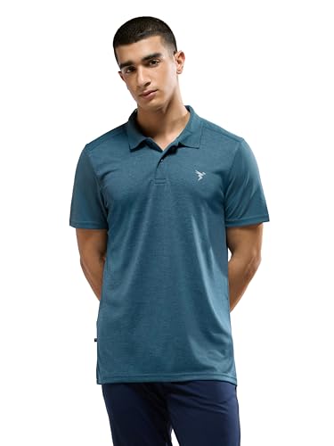 Image of TECHNOSPORT Men Polyester Self Design Polo Neck Half Sleeve T-Shirt with UPF50+, Double Cool for Gym, Sports and Regular Use