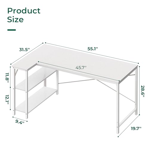 Huuger L Shaped Desk, 55 Inches Computer Desk with Reversible Storage Shelves, for Gaming Corner Home Office Writing Study, Metal Frame, White