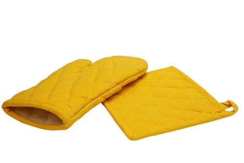 Oven Mitt & Pot Holder Set, Pack of 2, Premium Heat Resistant Kitchen Wares, Cotton Fabric Quilted, Yellow, Plain, Machine Washable and Heat Resistant Pocket Mitts for Kitchen Cooking and Baking