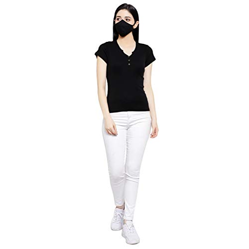 Image of Women Solid Slim Fit Henley V-Neck Button Front Short Sleeve Casual Cotton Top