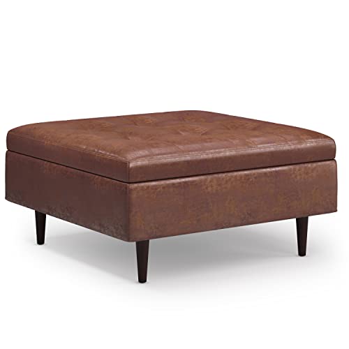 SIMPLIHOME Shay 38 inch Wide Mid Century Modern Large Square Coffee Table Storage Ottoman in Distressed Saddle Brown Vegan Faux Leather, Assembled, For the Living Room, Entryway and Family Room