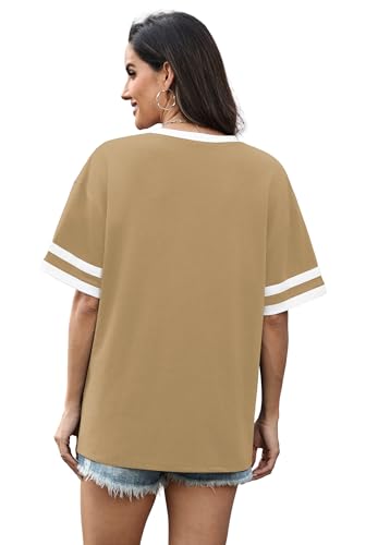Image of WIHOLL Womens T Shirts Loose Fit Short Sleeve Tees V Neck Color Block Summer Tops 2026 Fashion S-4XL