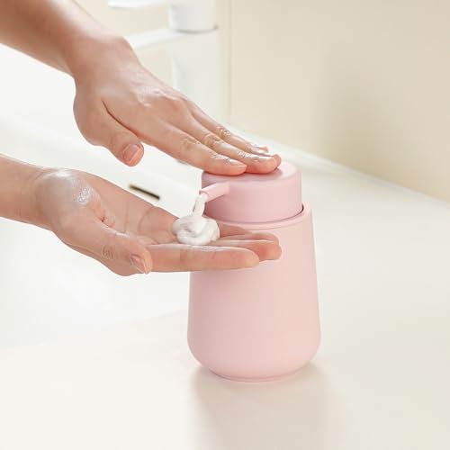 Image of YAUKPH Matte Light Pink Foaming Hand Soap Dispenser Plastic 11 oz - Modern Minimalist Style for Bathroom & Kitchen Countertop Refillable