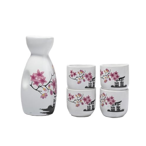 lachineuse - Service à Sake Traditionnel - Pagode et Fleurs de Cerisier - avec 4 Bols & Carafe - Cadeau Vaisselle Asiatique - Service Saké Traditionnel Porcelaine...