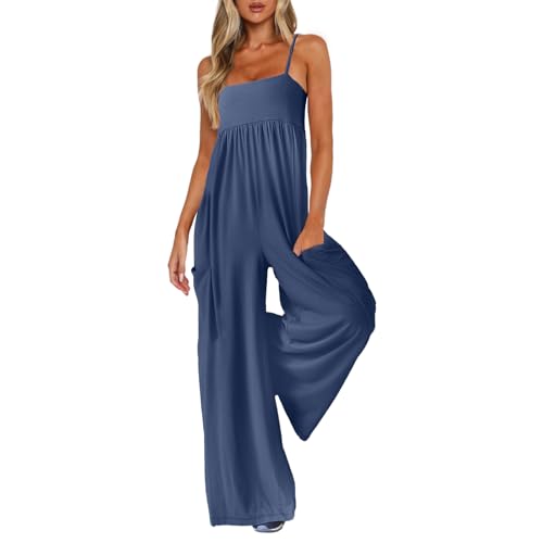 UNIANKIYA One Piece Jumpsuits for Women Spaghetti Strap Overalls Wide Leg Rompers with Pockets Summer Beach Vacation Casual