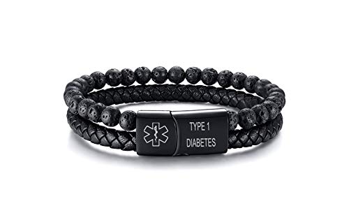 VNOX Custom Engraving Medical Alert ID Two-Strand Braided Leather Cuff Wristband Rope Bracelet with Stainless Steel for Men Boy