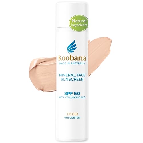 Koobarra Mineral Face Sunscreen SPF 50, Tinted Aussie Zinc Oxide Sunblock, Hydrating Hyaluronic...