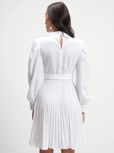 Image of Tokyo Talkies Women's Elegant A-Line Dress with Belt & Pleated Dress- Sophisticated Full-Sleeve Style for Any Occasion
