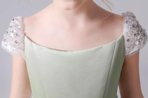 dideyttawl 2025 Girls White Sequins Belt Short Cap Sleeves Lace up Back Long Formal Satin Scoop Neck Dress2