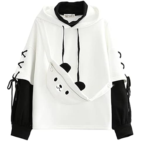 YINGKE Women's Anime Bear Hoodie Kawaii Crewneck Fake Two-Piece Long Sleeve Fashion Streetwear Harajuku Pullover for Girls (M, White) Cover
