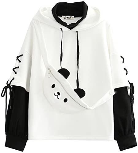 YINGKE Mujer Oso Anime Sudadera con Capucha Cuello Redondo Niña Japonés Kawaii Jersey Harajuku Pullover KPOP Streetwear (S, Blanco)