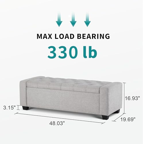 Huatean Home Ottoman with Storage, Storage Ottoman Bench with Safety Hinge, Upholstered Storage Bench with Seating for Bedroom, Living Room, Holds up to 330 lb(Light Gray)
