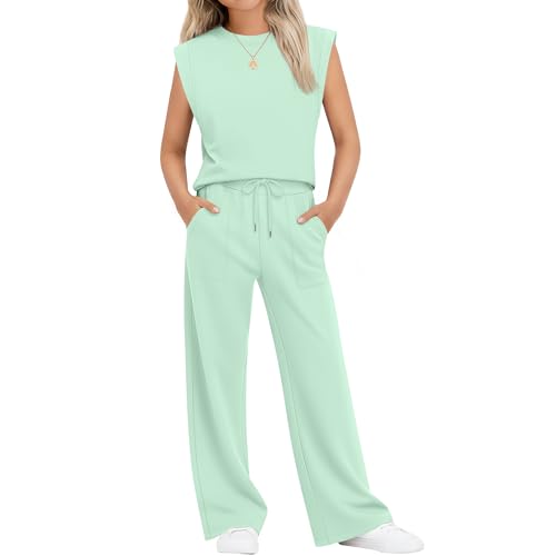LessonZoo Girls 2 Piece Outfit Sets Short Cap Sleeve Crewneck Top Drawstring Straight Leg Pant Pocket Lightweight Clothes(Mint Green 13-14 Years)