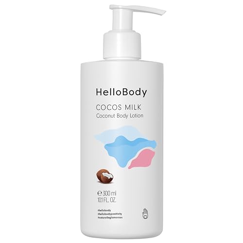 HelloBody Loción corporal hidratante Cocos Milk, 300 ml, loción corporal de coco con aceite de coco orgánico, manteca de mango y karité, loción corporal para piel seca, cuidado natural de la piel